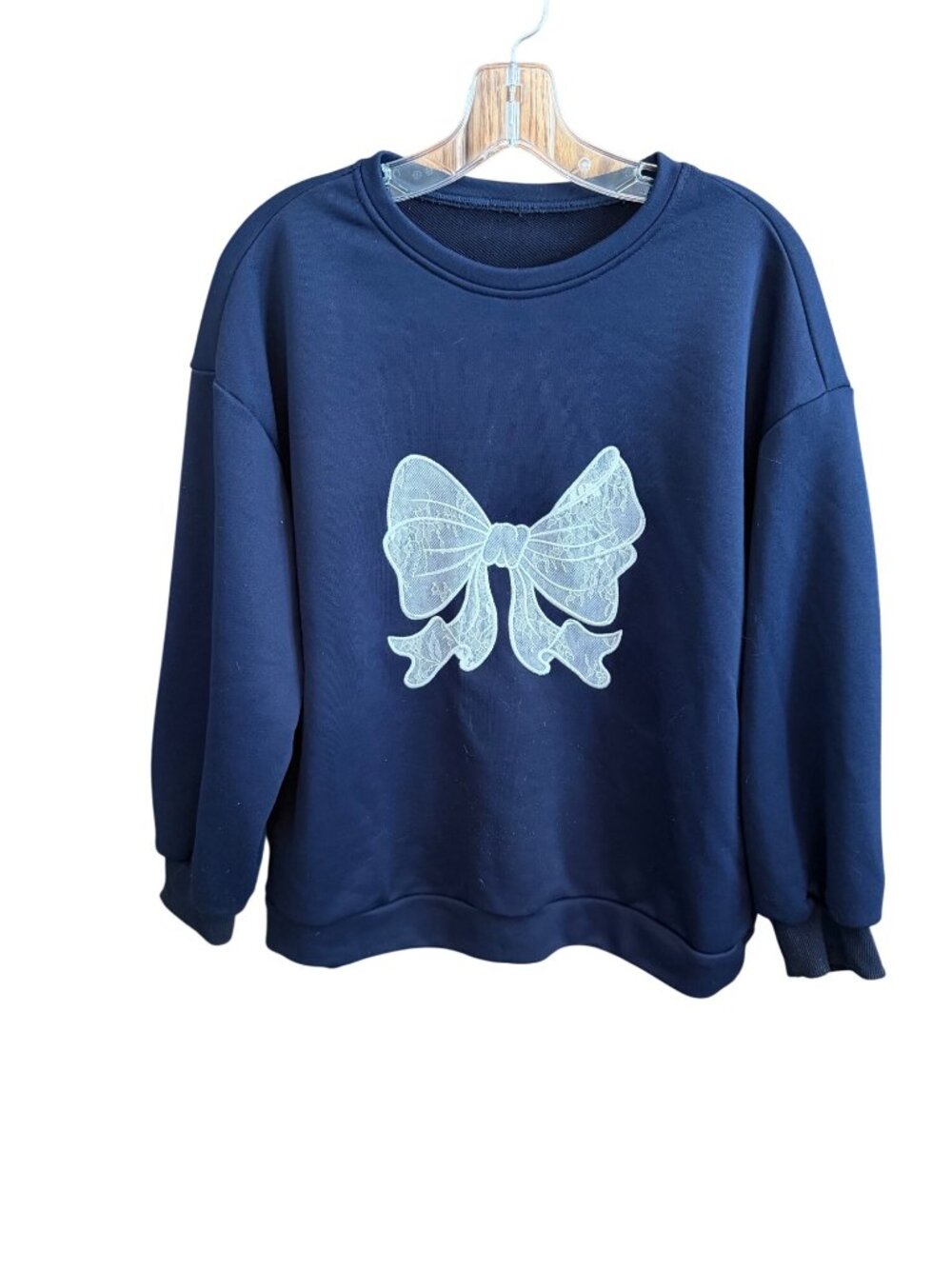 Dazy Navy Blue Pullover Sweatshirt With White Bow Graphic Size M Polyester Casua